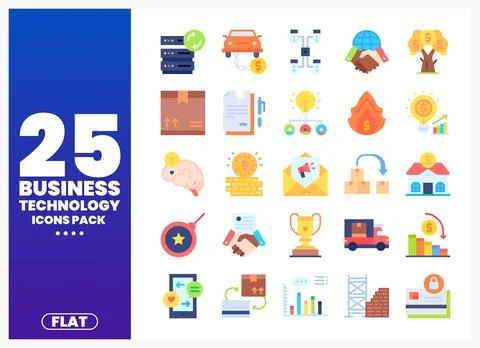 Business Technology Icons Pack with Flat Illustrations Stock Illustration