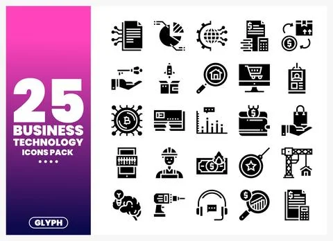 Business Technology Icons Pack. Glyph Style Stock Illustration