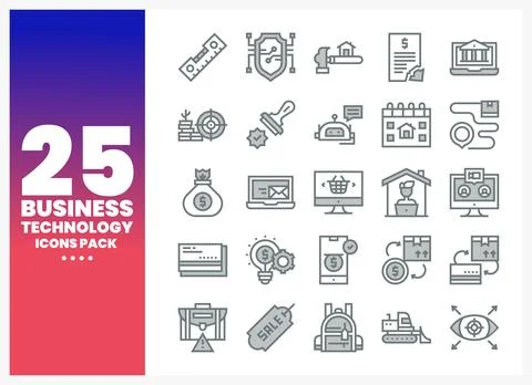 Business technology icons pack on gradient background with large number 25 Stock Illustration