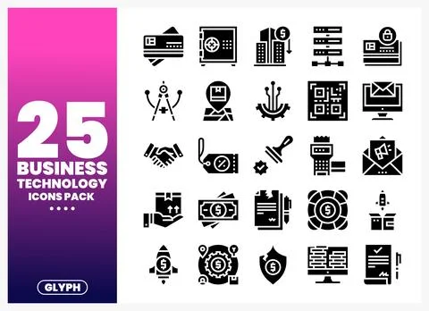 Business Technology Icons Pack presented on a pink to purple gradient backg.. イラスト素材