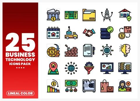 Business technology icons pack presented on a red and white background. Illustrazione stock