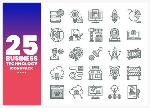 Business technology icons pack with server. globe. and finance symbols pres.. Stock Illustration