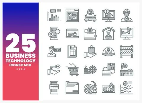Business technology icons set. flat gray line art icons on white background Stock Illustration