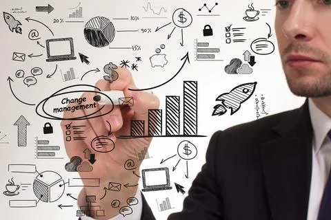 Business, technology, internet and network concept. Young businessman thinks  Stock Photos