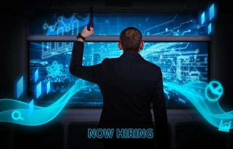 Business, technology, internet and network concept. Young businessman thinks  Stock Photos
