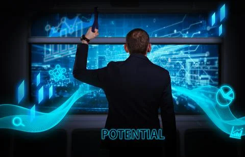 Business, technology, internet and network concept. Young businessman thinks  Stock Photos