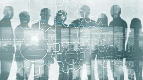 Business technology internet concept double exposure gears abstract background. Illustrazione stock
