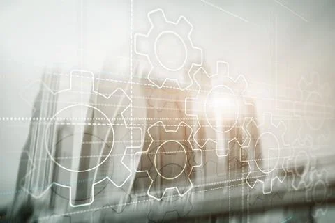 Business technology internet concept double exposure gears abstract background Illustrazione stock