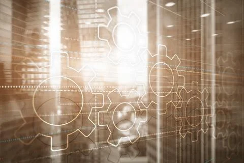 Business technology internet concept double exposure gears abstract background. Illustrazione stock