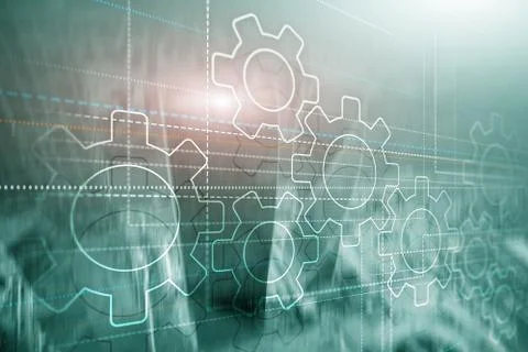 Business technology internet concept double exposure gears abstract background. Illustrazione stock