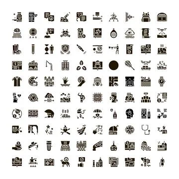 Business technology medical nature solid icons set Stock Illustration