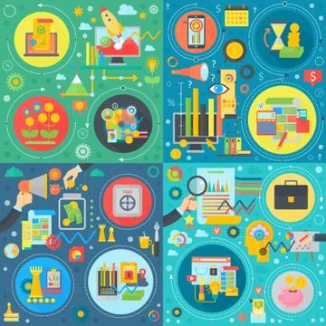 Business, technology trendy flat concepts set. Teamwork, finance analysis Illustrazione stock