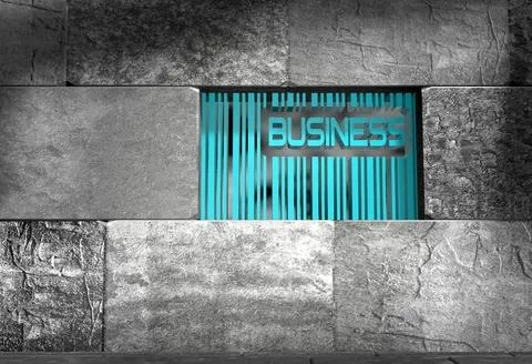 Business text and bar code on concrete wall Business word and bar code on ... Foto stock