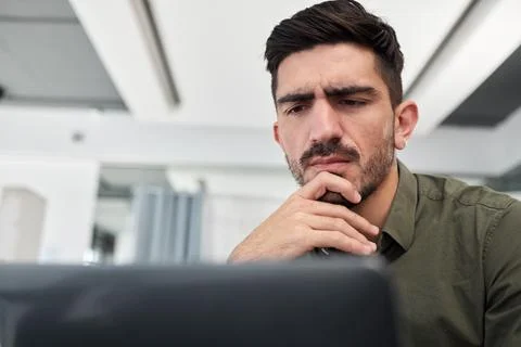 Business, thinking and man with a computer, solution and problem solving with Stockfoto's