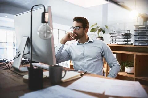 Business, thinking and man with computer, tired and online reading with internet Stock Photos