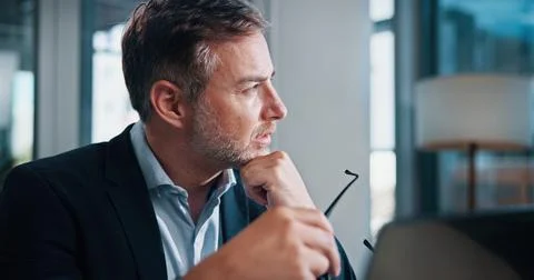 Business, thinking and man with problem solving, ideas and decision with Stock Photos