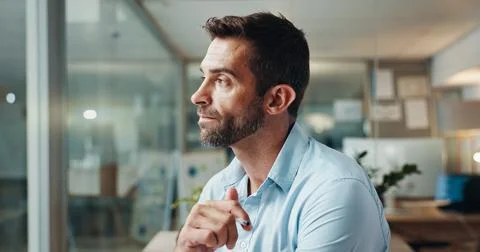 Business, thinking and man with window, choice and problem solving with planning Stockfoto's