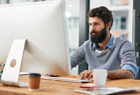 Business, thinking or man with computer, online reading or problem solving with Stockfoto's