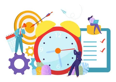 Business time management, tiny character leader control team, teamwork schedule Illustrazione stock