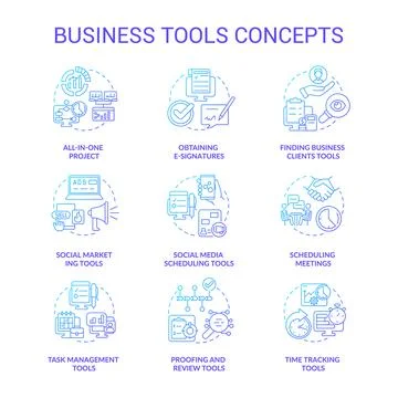 Business tools blue gradient concept icons set Illustrazione stock