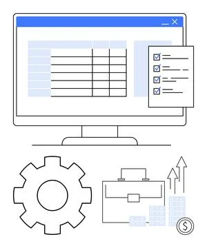 Business tools - Checklist, Computer screen, briefcase, growth arrow and gear - Illustrazione stock