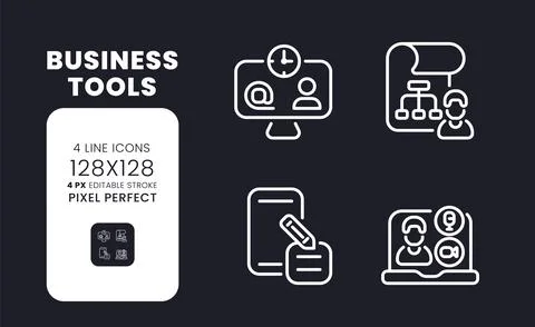 Business tools white linear desktop icons on black Stock Illustration
