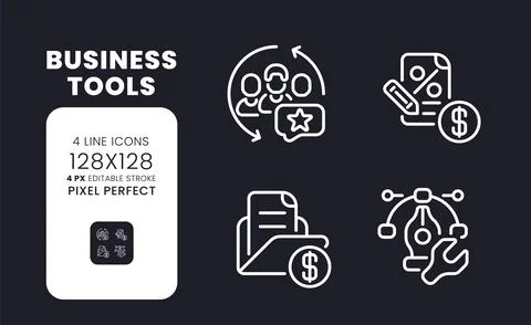 Business tools white linear desktop icons on black Illustrazione stock