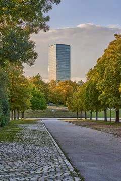 Business tower during sunset. Park with colorful trees and skyscraper in the  Stock Photos
