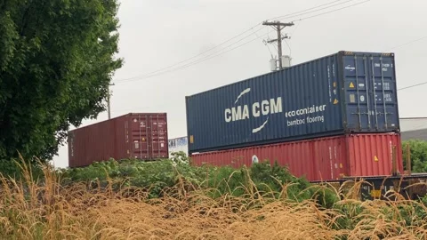 Business Train Shipping Container behind trees bushes Stock Footage 282549728