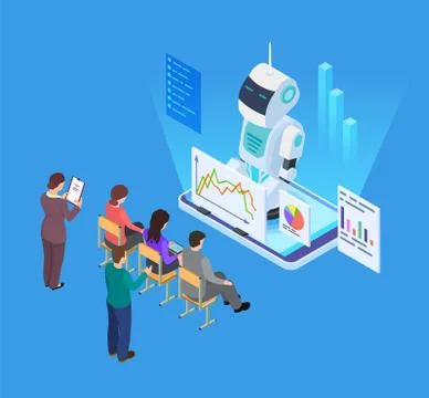 Business training with artificial intelligence. Isometric vector robot tutor 스톡 일러스트