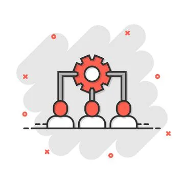 Business training icon in comic style. Gear with people cartoon vector illust Stock Illustration