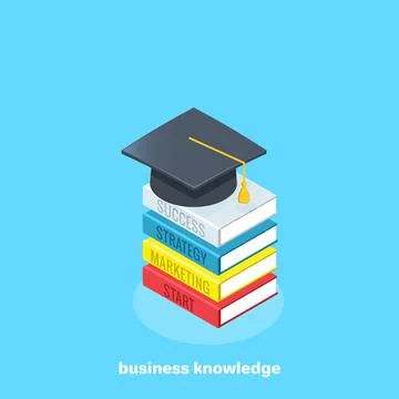 Business training, a stack of books and a bachelor's hat, an isometric image Stock Illustration
