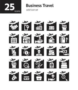 Business Travel solid icon set. Vector and Illustration. Illustrazione stock
