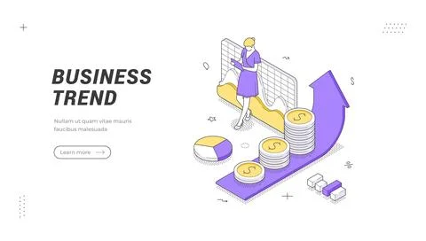 Business Trend Analysis Isometric Vector Illustration Web Banner Landing Pa.. Stock Illustration