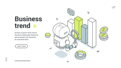 Business Trend Data Analysis With Robot Isometric Banner Vector Illustration Illustrazione stock
