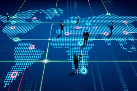 Business users standing on digital map with light nodes representing data points Stock Photos