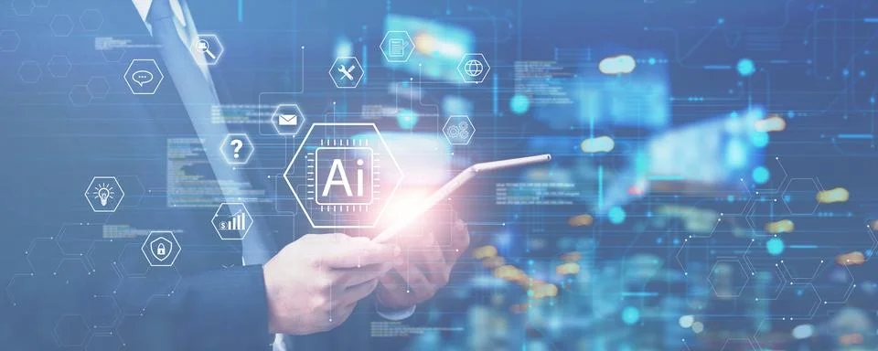 Business using AI technology to analyze data and generate insights with dig.. Foto stock