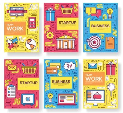 Business vector brochure cards thin line set. Marketing template of flyear Stock Illustration