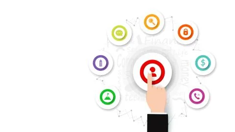 Business vector, finger hand push on button, infographic icon and sign, flat Stock Illustration