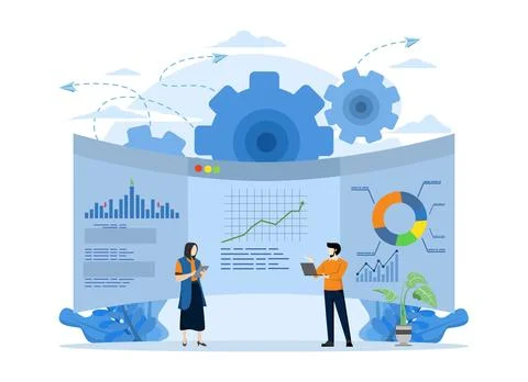 Business vector, office workers study infographics, scale evolution analysis. 스톡 일러스트