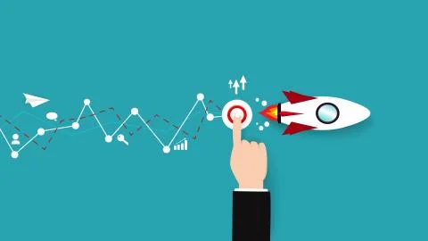 Business vector, paper plane with button booster to rocket, flat design Stock Illustration