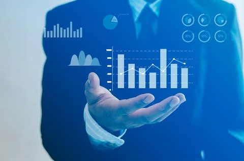 Business virtual screen technology huge data man hand icon graph and chart Stock Photos