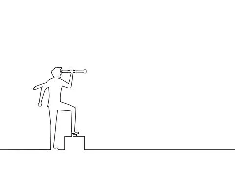 Business vision. Draw a continuous line of business leaders looking through b Stock Illustration