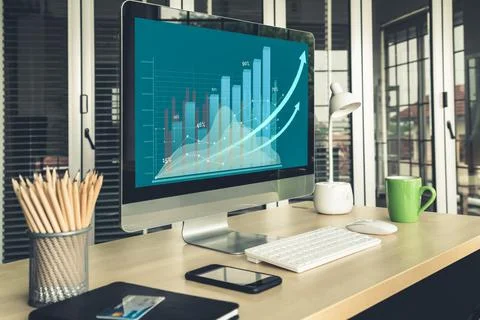 Business visual data analyzing technology by creative computer software Illustrazione stock