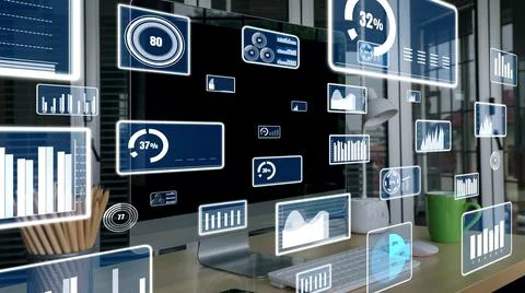 Business visual data analyzing technology by creative computer software Illustrazione stock