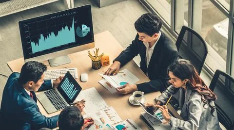 Business visual data analyzing technology by creative computer software Stock Photos