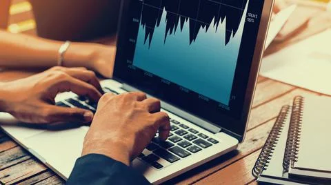 Business visual data analyzing technology by creative computer software Stock Photos