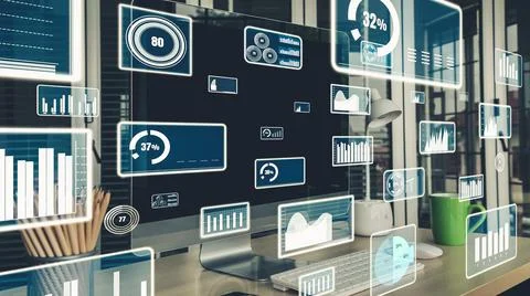 Business visual data analyzing technology by creative computer software Stock Photos