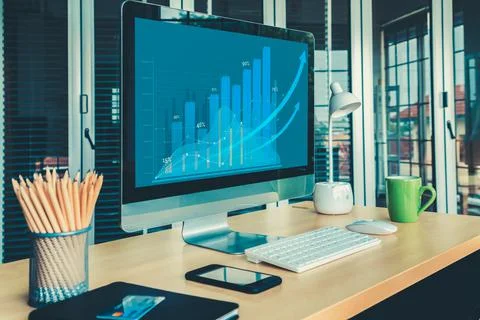 Business visual data analyzing technology by creative computer software Stock Photos