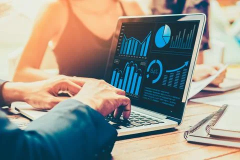 Business visual data analyzing technology by creative computer software Stock Photos